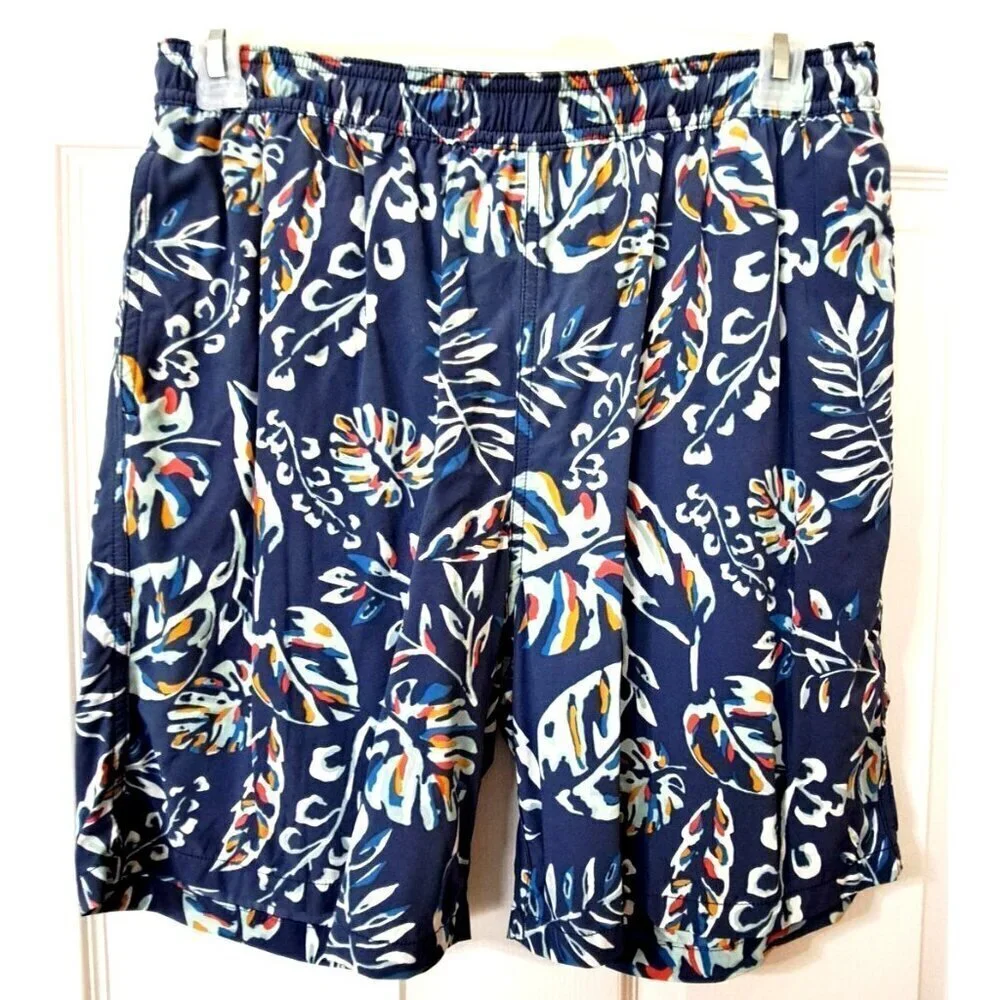 Kirkland Men's L Navy Swim Trunks Multicolor Leaf Print